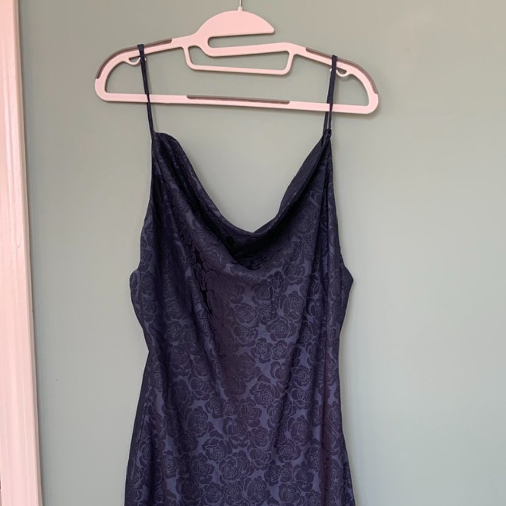 You're My Type Midnight Blue Satin Jacquard Midi Slip Dress